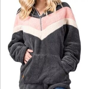 Simply Southern Chevron Sherpa Pullover Jacket 1/4 Zip Women's Medium Grey Pink
